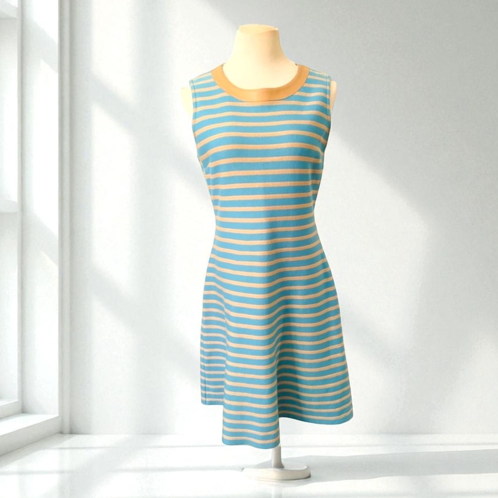 ST. JOHN Striped Fit and Flare Leather Trim Dress Size 8